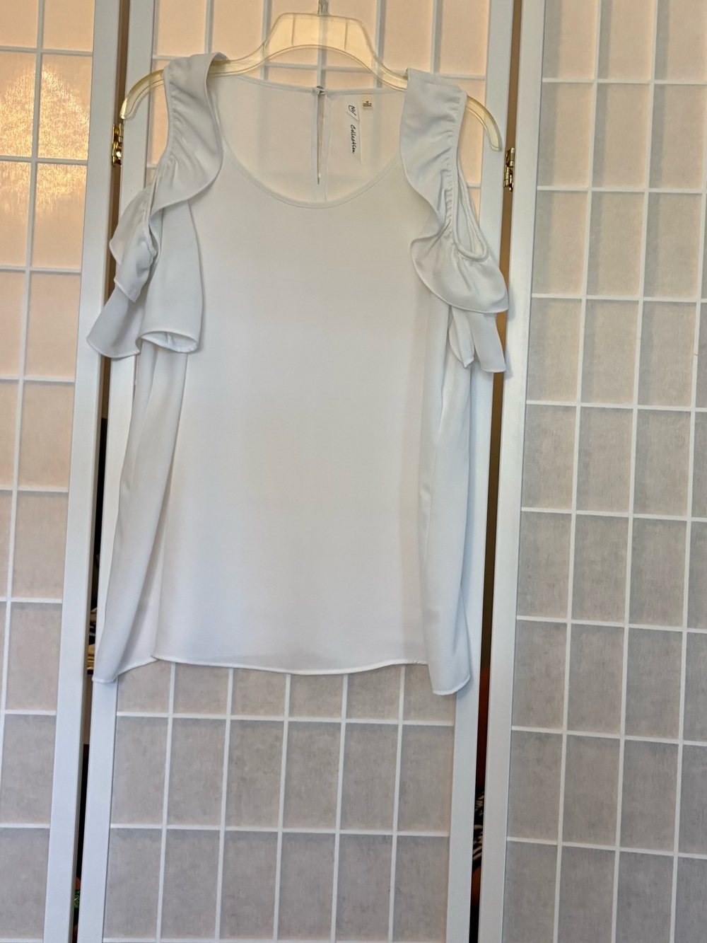 NY Collection White Ruffle Cold-Shoulder Blouse